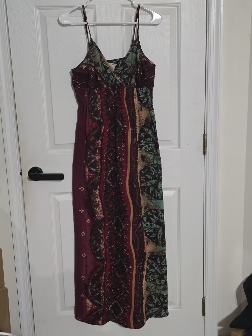V-Neck Strappy Maxi Dress in Burgundy and Teal Pattern
